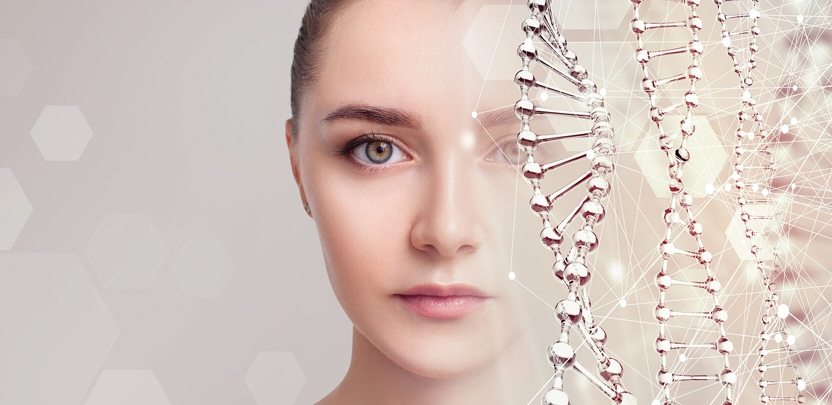 Sensual young woman near glass DNA stems over beige background. Science of beauty concept